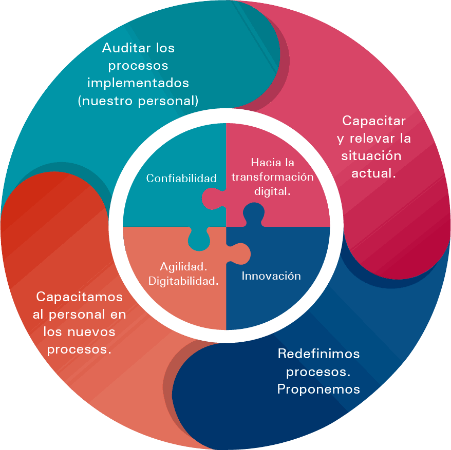Ciclo de trabajo: capacitar y relevar, redefinir procesos, capacitar en los nuevos procesos y auditar